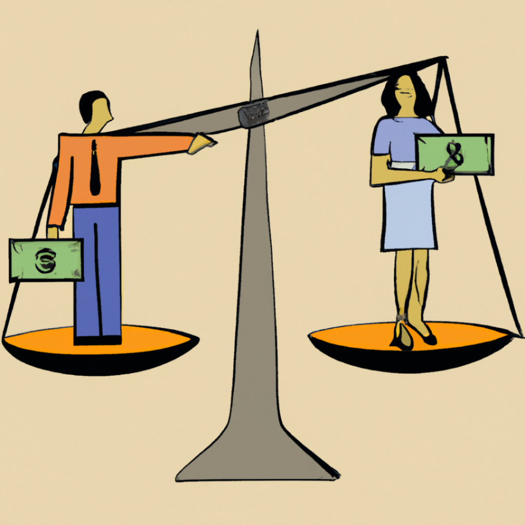 Woman and man holding money, on a balance, the man weighing more